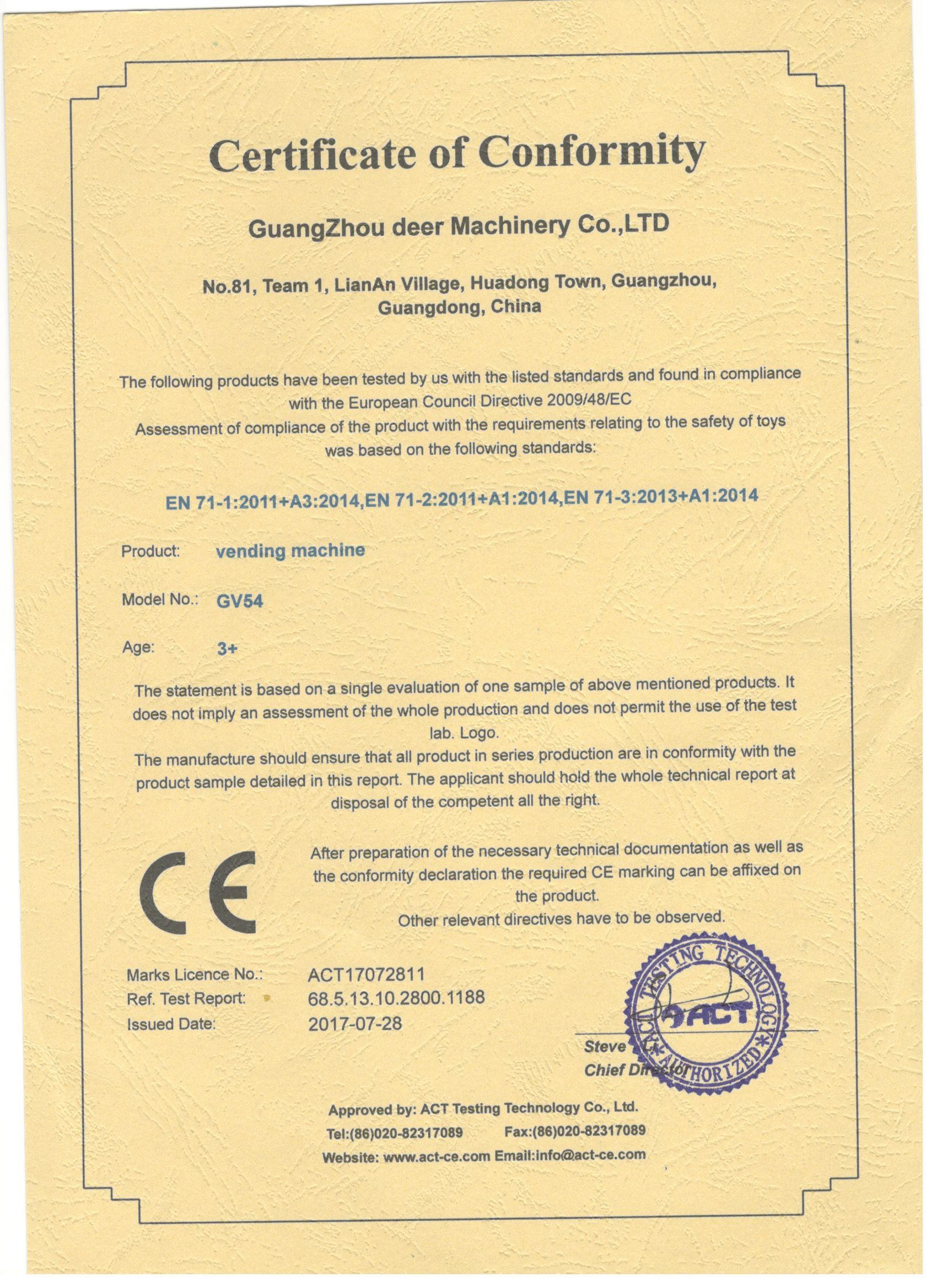 China Guangzhou Deer Machinery Co., Ltd. Certification